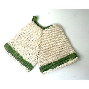 Hand Crochet Potholder Green Trimmed Bloomers Grandma Core Decor 7" x 4"